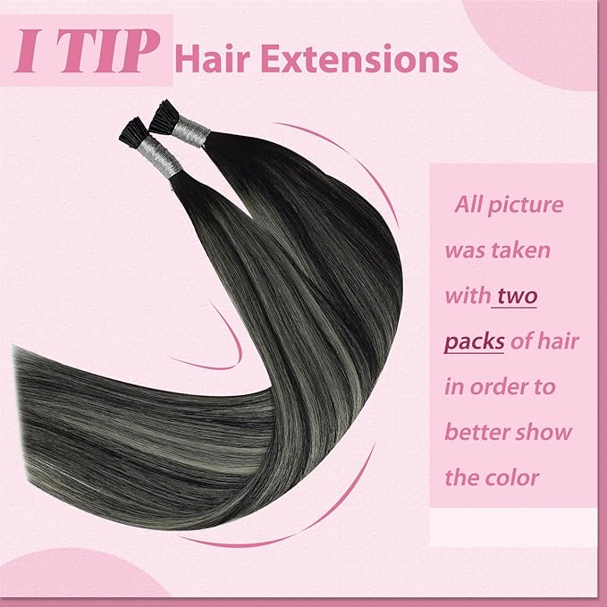 YoungSee I Tips Hair Extensions Ombre I Tip Hair Extensions Ombre Black to Silver Human Hair I Tip Extensionsr Balayage 20 Inch Tip Hair Extensions Human Hair Silky Straight 50s 50g