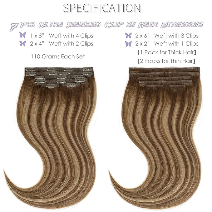 LacerHair PU Clip in Hair Extensions Remy Human Hair Chocolate Brown to Caramel Blonde with Brown Roots 22 Inch Thick Remy Glam Seamless Light Hair Extensions with Skin-Weft Technology 110g 7pcs