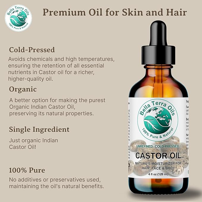 Premium Castor Oil for Luxurious Hair and Radiant Skin – 1 Gallon, Fast Absorbing, All-Natural,. Bella Terra Oils