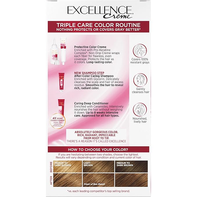L'Oreal Paris Excellence Creme Permanent Triple Care Hair Color, 6G Light Golden Brown, Gray Coverage For Up to 8 Weeks, All Hair Types, Pack of 1