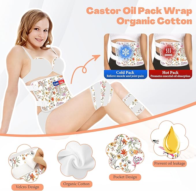12 Pcs Castor Oil Pack Wrap, Reusable Castor Oil Pack Kit Organic Cotton for Shoulder Hands Neck Waist Chest Knees and Feet, Adjustable Compress Pads for Entire Body, Anti Oil Leak(White)