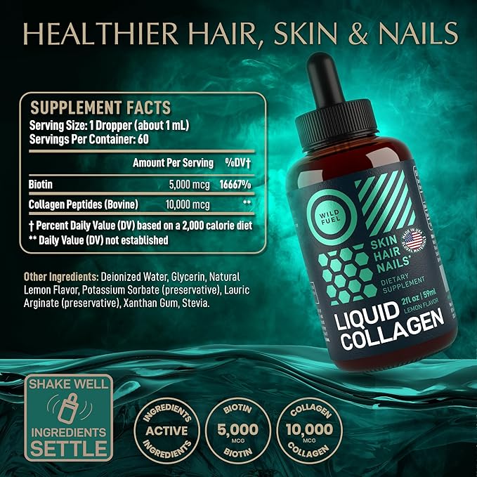 Liquid Collagen Peptides with Biotin Drops - 15,000mcg Collagen Liquid for Women and Men plus Biotin - Youthful Skin, Hair Growth, Strong Nails - Hair Vitamins for Hair Loss - Lemon Flavor - 2x2oz