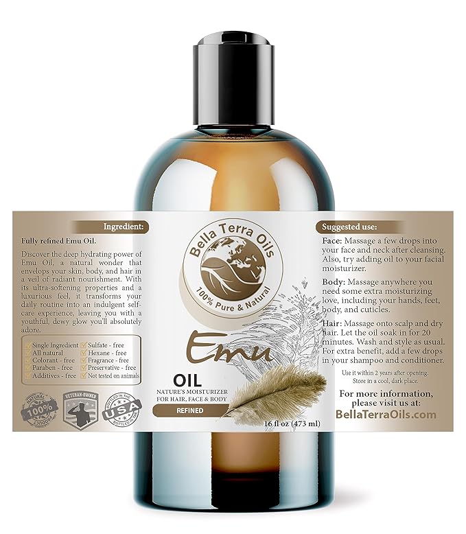 Bella Terra Oils - Emu Oil 16oz - The Ultimate Australian Emu Elixir, Packed with Essential Fatty Acids, Timeless Beauty's Secret Ingredient