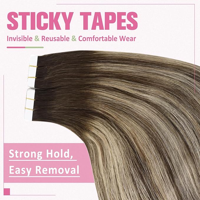 YoungSee Tape in Extensions Human Hair Balayage Tape ins Human Hair Extensions Balayage Dark Brown with Ash Blonde Tape in Hair Silky Straight 20 Inch 20pcs 50g Long-Lasting