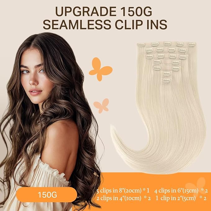 DOORES Human Hair Clip in Extensions, Platinum Blonde 14 Inch 9pcs 130g, Virgin Invisible Edge Weft Silky Straight Hair Extensions for Women