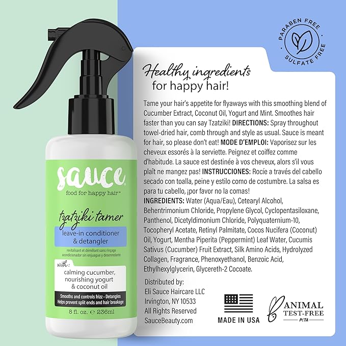SAUCE BEAUTY Leave In Conditioner & Detangler Spray (8 Fl Oz) Tzatziki Leave In Conditioner for Curly, Oily & Damaged Hair, Fly Away Hair Tamer, Curl Enhancer, Detangling Spray with Coconut Oil