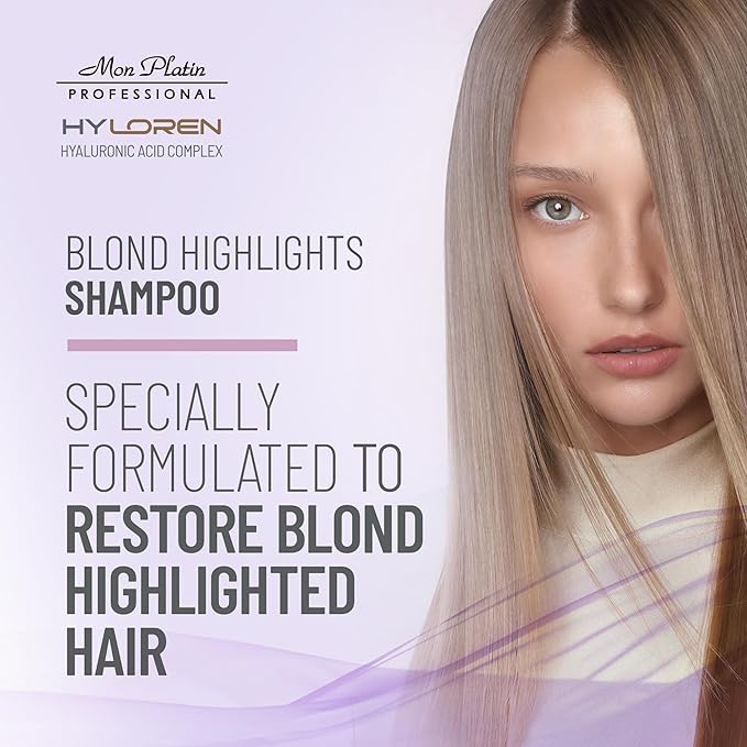 Mon Platin Professional HYLOREN Blond Hair Shampoo with Hyaluronic Acid for Blond & Highlighted Hair, Shampoo for Blond Hair, SLS/SLES Free, Moisturizing Shampoo, Purple Shampoo, 500ml