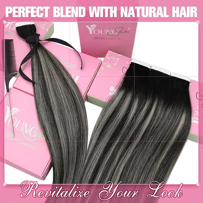YoungSee Tape in Hair Extensions Human Hair Ombre Seamless Tape in Hair Extensions Human Hair Black Ombre Silver with Black Roots Human Hair Tape ins Reusable 18In 50g 20pcs
