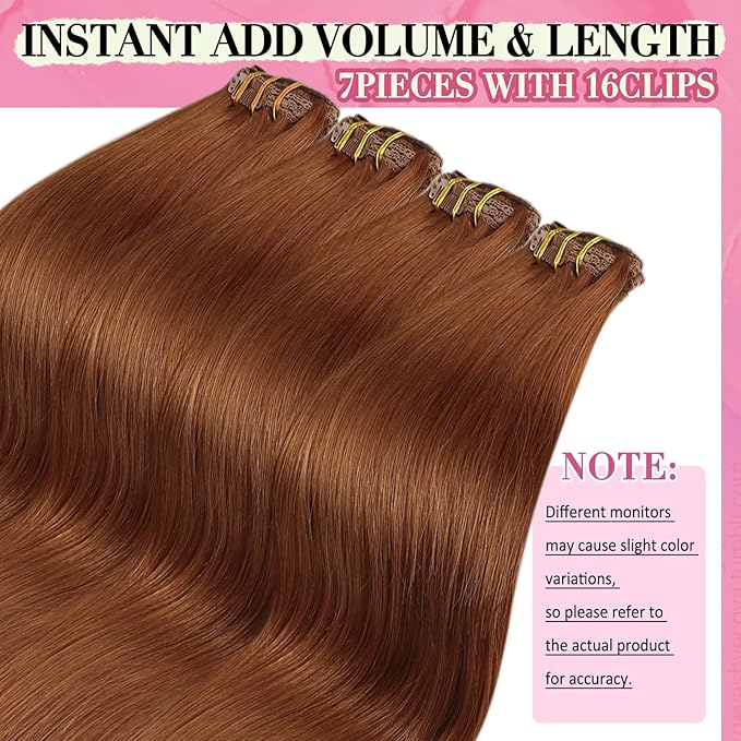 YoungSee Clip in Human Hair Extension Copper Clip in Real Hair Extension Copper Real Human Hair Extensions Clip ins Copper Hair Extensions Real Human Hair for Women 14Inch 7Pcs 120g