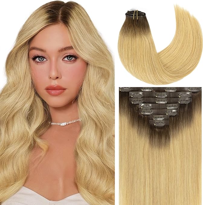 Caliee 16Inch Balayage Clip in Hair Extensions Real Human Hair R4/18 Ash Blonde With Medium Brown Roots 7Pcs PU Clip in Human Hair Extensions 110G Silky Soft Natural Remy Hair for Women