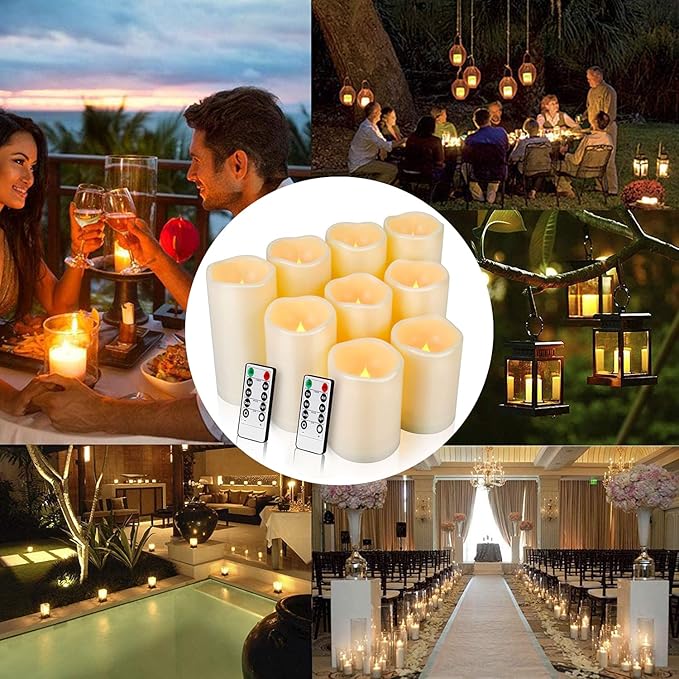 9pcs Flameless Flicking LED Candles with Remote, Battery Operated Outdoor Waterproof Candles, Electric Candle for Dining Tables and Fireplaces