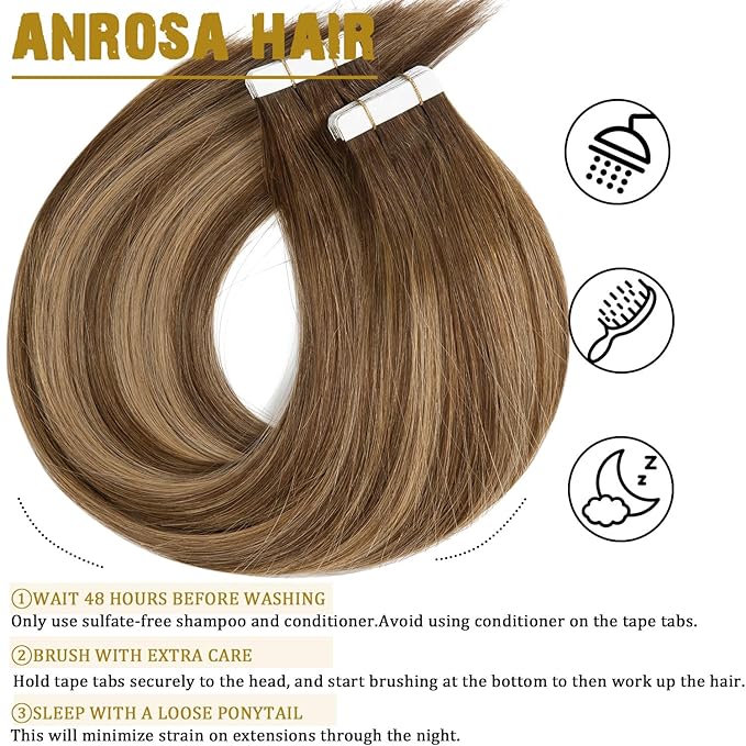 Anrosa Tape in Hair Extensions Double Sided Remy Tape in Hair Extensions Human Hair 14 Inch Silky Human Hair Tape in Extensions for Woman Medium Brown to Blonde with Medium Brown Roots 20pcs 50G