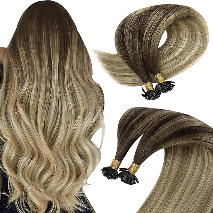 Sunny Hair Flat Tip Hair Extensions Human Hair Balayage Brown Blonde Hair Extensions Keratin Tip 20inch Keratin Fusion Human Hair Extensions for Women 50g