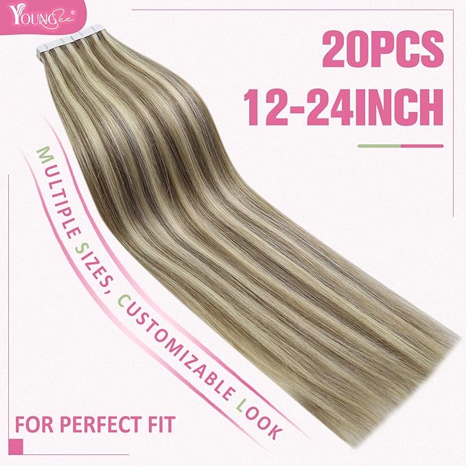 YoungSee Tape in Extensions Human Hair Highlight Brown Tape Hair Extensions Real Human Hair Light Brown Highlight Blonde Tapein Hair Extensions Real Human Hair Remy Silky Straight 16 Inch 20pcs 50g