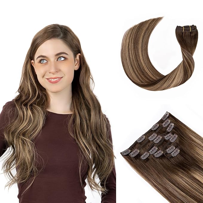 Clip in Hair Extensions Real Human Hair, Invisible Clip In Hair Extensions 100% Human Hair, Balayage Chocolate Brown to Caramel Blonde #4TP27/4 20Inch 120G 7PCS