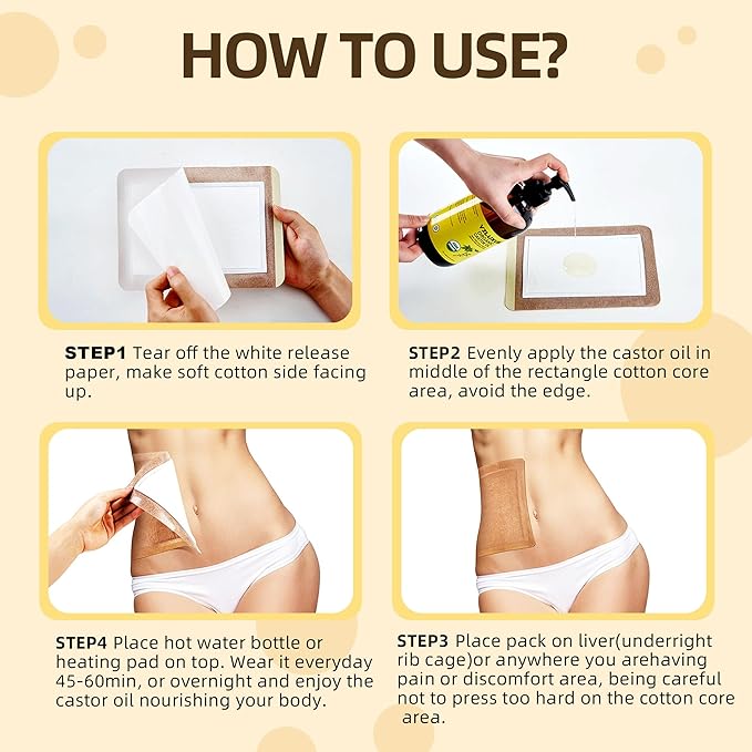 50Pcs Castor Oil Pack Wrap with 16oz castor oil Organic Cold Pressed Unrefined Glass Bottle,Disposable Castor Oil Patches for Belly Button,Stomach,Knee,Feet,Entire Body