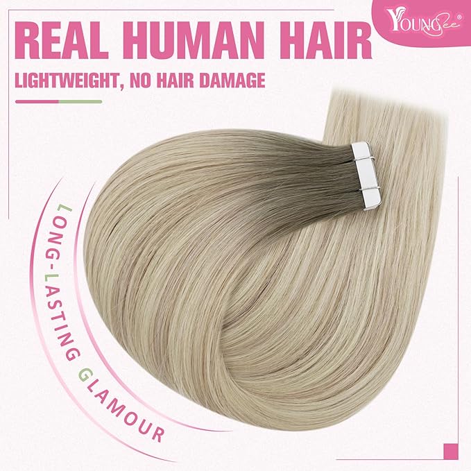 YoungSee Tape on Hair Extensions Balayage Ash Blonde Ombre Platinum Blonde Tape in Hair Extensions Real Human Hair Balayage Tape Real Hair Extensions Balayage Tape in Hair Extensions 18In 50g 20pcs