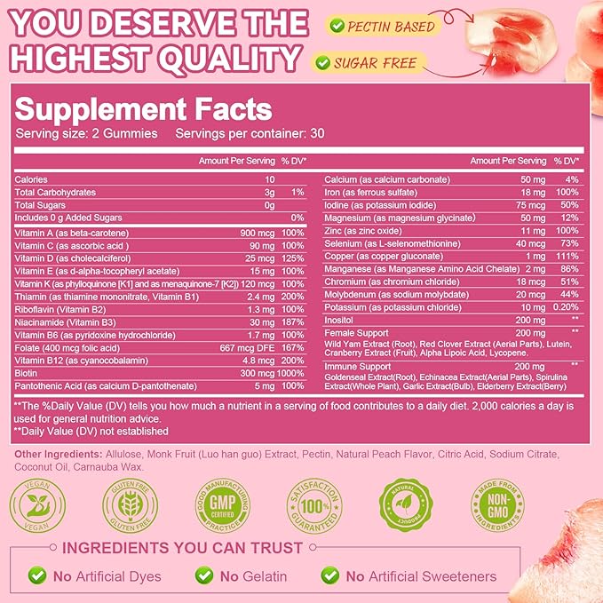 Sugar Free Multivitamin Gummies for Women 14+ w/Iron, Inositol, Folate, Biotin, Womens Daily Multivitamin Gummy w/Vitamin A, C, B, D3, K2, for Hair, Skin, Energy, Immune, Peach Flavor