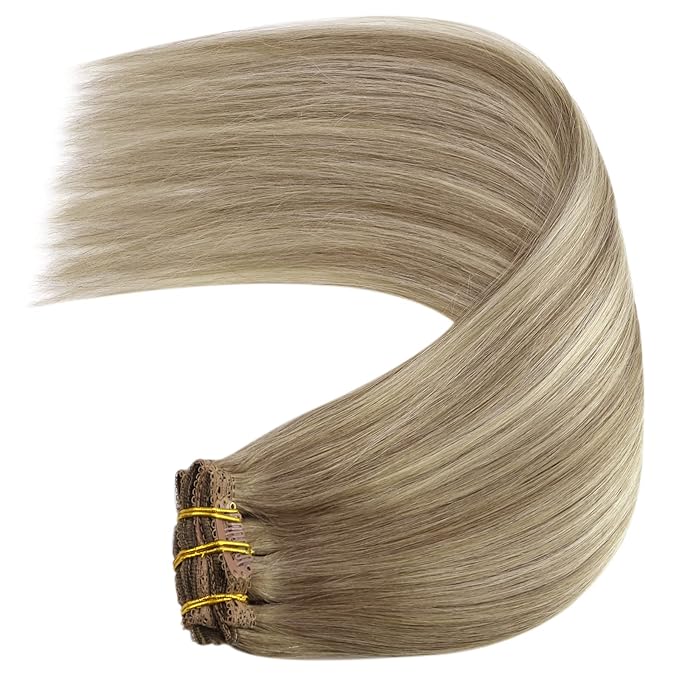 YoungSee 24In Clip on Hair Extension Balayage Clip in Hair Extensions Human Hair Medium Brown Fading To Brown Mix Platinum Blonde Balayage Soft and Silky Clip in Real Hair Extension for Long 120G 7Pcs