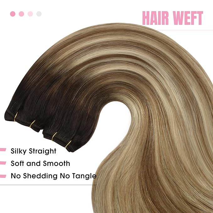 YoungSee Sew in Hair Extensions Real Human Hair Brown Balayage Weft in Extensions Darkest Brown to Brown with Blonde Rooted Brown Thick Human Hair Weft Extensions Long for Women 24Inch 100G