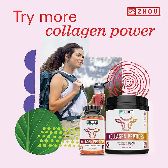 Zhou Collagen Peptides - Pure Hydrolized Collagen Powder for Women & Men, Grass Fed Natural Bovine Collagen for Skin, Hair Growth, Joints & Bones - 18 oz Jar (46 Servings)