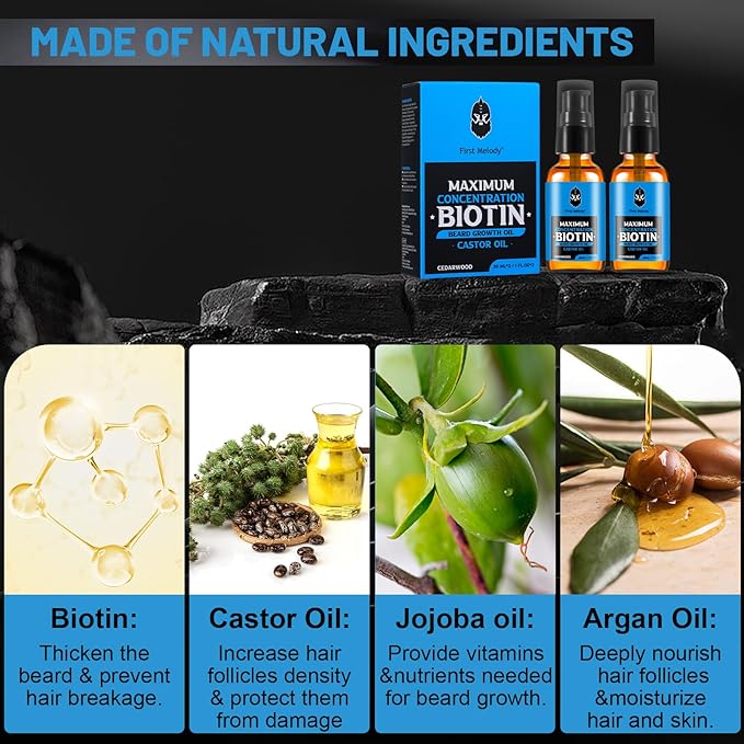 Beard Oil,Maximun Thickening Biotin, with Castor Oil and Argan & Jojoba Oils, Promotes Beard Growth, Styles, Strengthens & Softens Beards & Mustaches,1 Ounce*2(2 Pack)