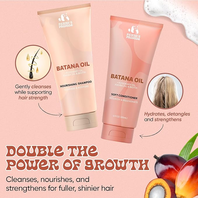 Panda's Promise Batana Oil Shampoo and Conditioner Set – Sulfate Free Batana Oil for Hair Growth – Thickening Conditioner and Shampoo for Damaged Hair, and All Hair Types, Unisex (12 fl oz Each)
