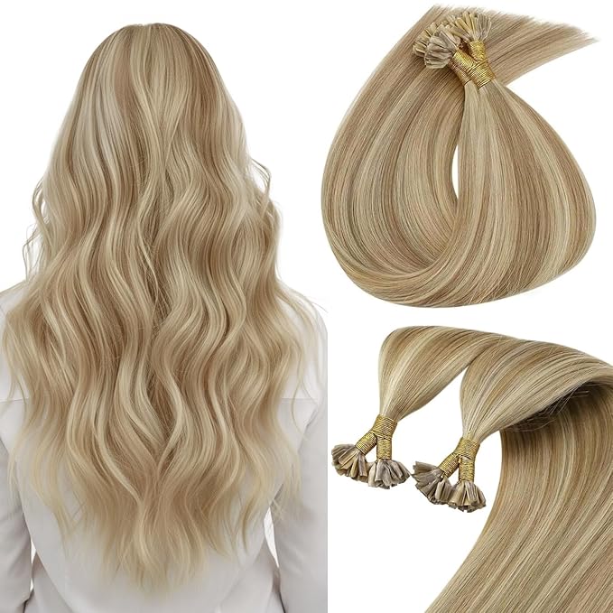 Sunny Golden Blonde U Tip Hair Extensions 18in U Tip Hair Extensions Human Hair Ash Blonde Highlights Light Blonde Utip Human Hair Extensions Hot Fusion Ktip Human Hair Extensions Soft Silky 50g/s