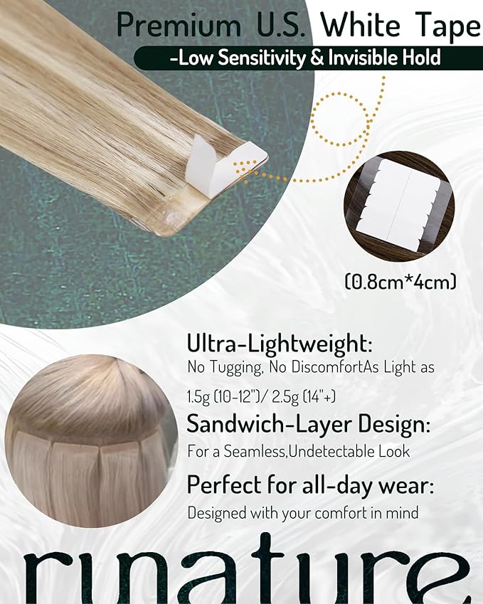 RUNATURE Tape in Hair Extensions Human Hair Blonde 18 Inch Tape in Extensions Human Hair,Ash Brown Highlight Platinum Blonde Straight Silky Double Sided, No Shedding 50g 20pcs