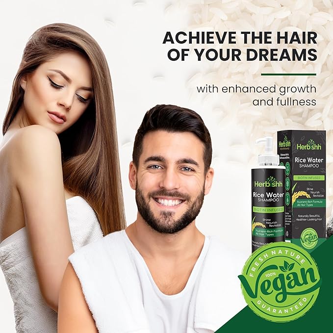 Herbishh Rice Water Hair Growth Shampoo - 400ml with Power of Castor Oil, Argan & Coconut Oil & Biotin | All Hair Type | Hair regrowth for Thinning Hair, Moisturizing & Volumizing | Silicone Free