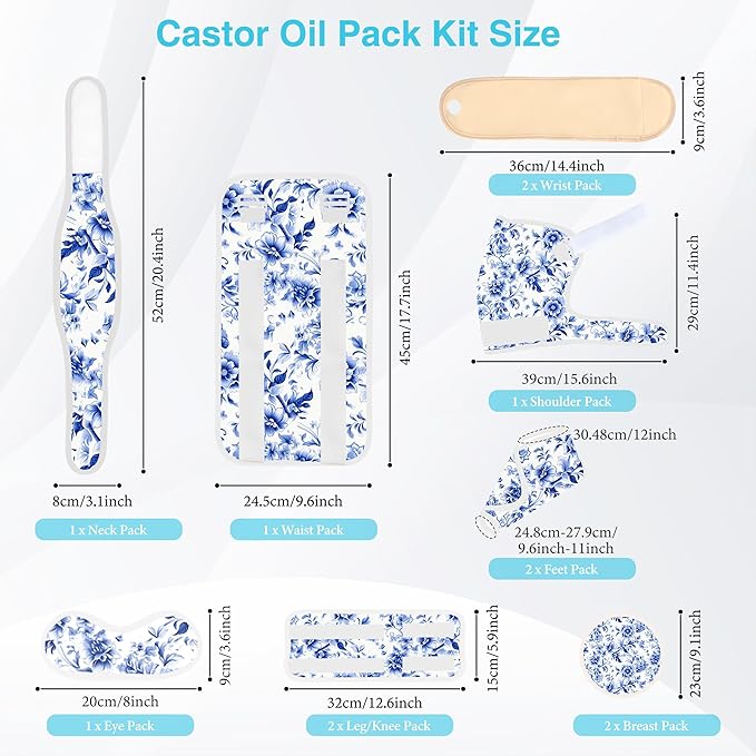 12 Pcs Castor Oil Pack Wrap, Reusable Castor Oil Pack Kit Organic Cotton for Shoulder Hands Neck Waist Chest Knees and Feet, Adjustable Compress Pads for Entire Body, Machine Washable Anti Oil Leak