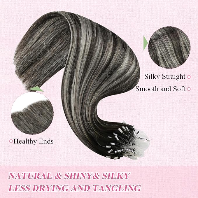 YoungSee Micro Link Hair Extensions Human Hair Ombre Bead Hair Extensions Real Human Hair Ombre Black to Silver Micro Human Hair Extension Soft 18In 50g 50s