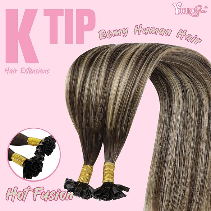 YoungSee Ombre Ktip Hair Extensions Balayage Brown Ombre Blonde K Tip Extensions Ombre 18In 50s/50g Silky Straight