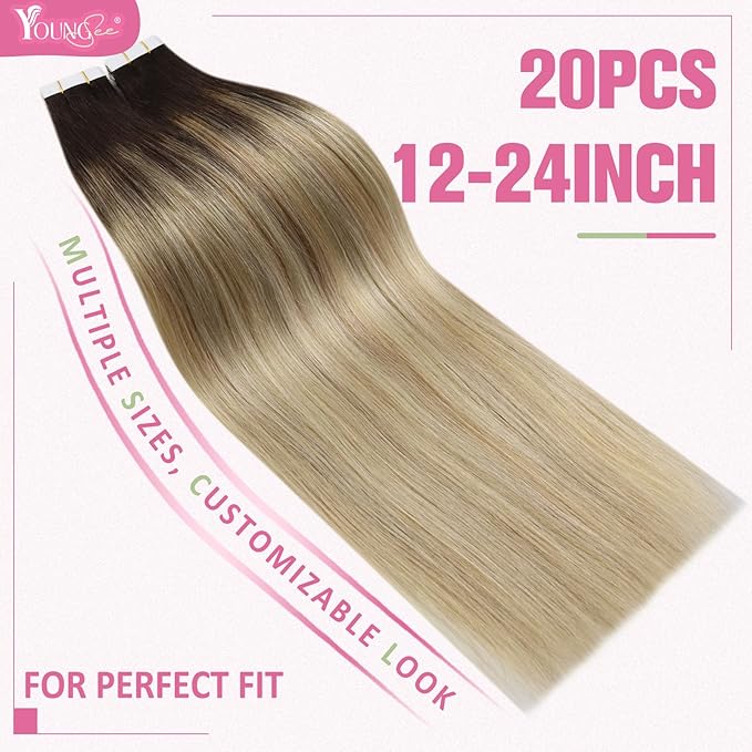 YoungSee Tape in Hair Extensions Real Human Hair Ombre 16In Invisible Tape in Hair Extensions Dark Brown Ombre Blonde with Brown Balayage Tape ins Human Hair Extensions Silky Straight 20pcs 50g