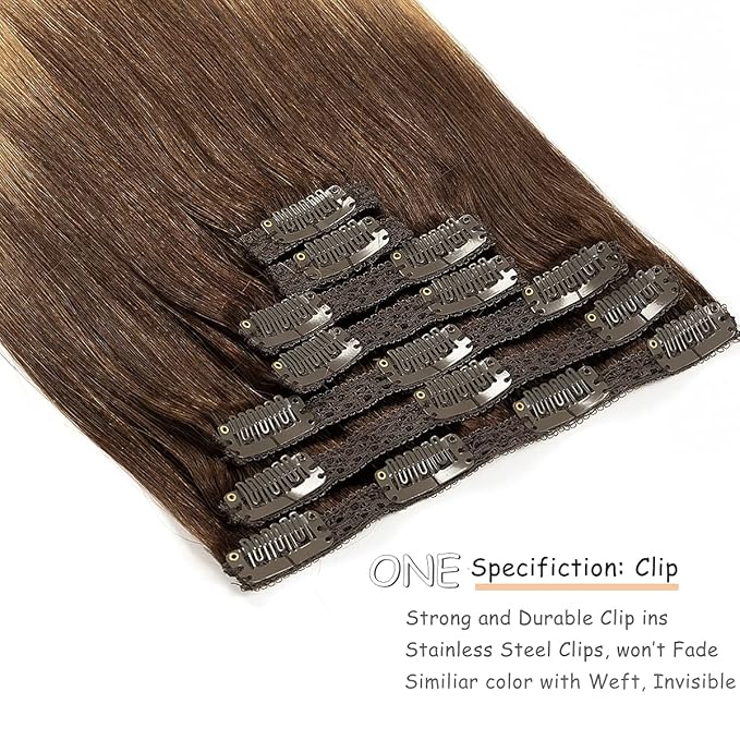 Caliee Clip in Hair Extensions Human Hair T3-12 Darker Brown Fading to Light Golden Brown Balayage Hair Extensions for Full Head 22Inch Seamless Silky Straight Real Hair Clip in Extensions 7 PCS 140G