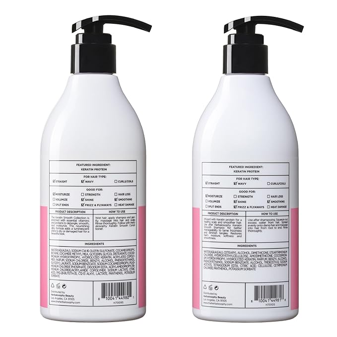 Keratin Shampoo & Conditioner Set, Nourishing & Moisturizing Formula for Damaged & Dry Hair, Highly Hydrate & Repair for Color Treated Hair, Sulfate,Parabens & Gluten Free, 2 x 16.9 Fl Oz