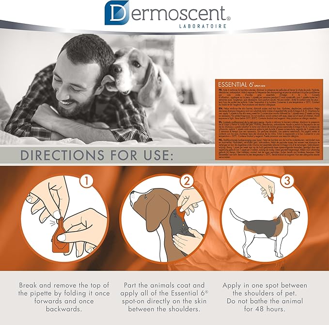 Dermoscent Essential 6 spot-on - Dog Skin Care for Dandruff & Allergy Relief with Vitamin E Oil - Anti Itch for Dogs - Natural Ingredients for Sensitive Skin - Dogs 10-20 kg - 4 Pipettes of 1.2 ml