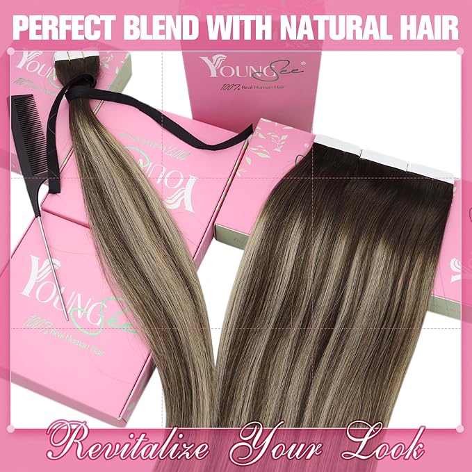 YoungSee Tape in Extensions Human Hair Balayage Tape ins Human Hair Extensions Balayage Dark Brown with Ash Blonde Tape in Hair Silky Straight 20 Inch 20pcs 50g Long-Lasting