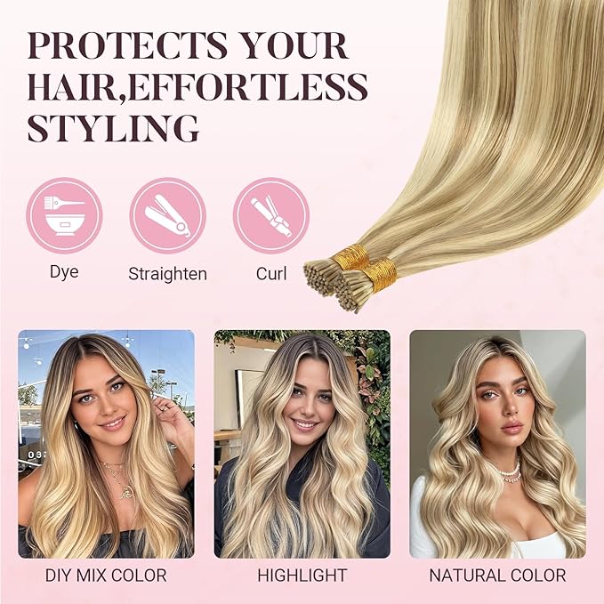 MAXITA I Tip Hair Extensions Human Hair,50g/100s Light Blonde Highlighted Golden Blonde 16 Inch Comfortable Wear, Invisible & Natural Cold Fusion, 100% Remy Human Hair Itip Keratin Hair Extensions