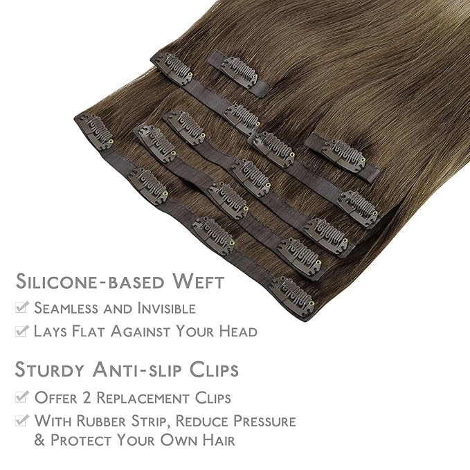 WENNALIFE Seamless Clip In Hair Extensions, 16 Inch 7pcs 130g Ombre Walnut Brown to Ash Brown and Bleach Blonde, Invisible PU Weft Natural Real Human Hair Extensions