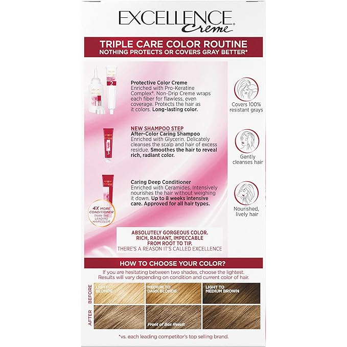 L'Oreal Paris Excellence Creme Permanent Triple Care Hair Color, 7.5A Medium Ash Blonde, Gray Coverage For Up to 8 Weeks, All Hair Types, Pack of 1