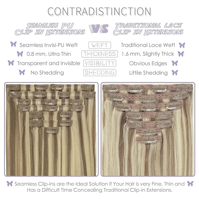 Lacer Seamless Clip in Hair Extensions 8Pcs Invisible PU Skin Weft 150g 19 Clips Highlight Clip in Hair Extensions Light Brown with Platinum Blonde Natural Human Hair 22 Inch