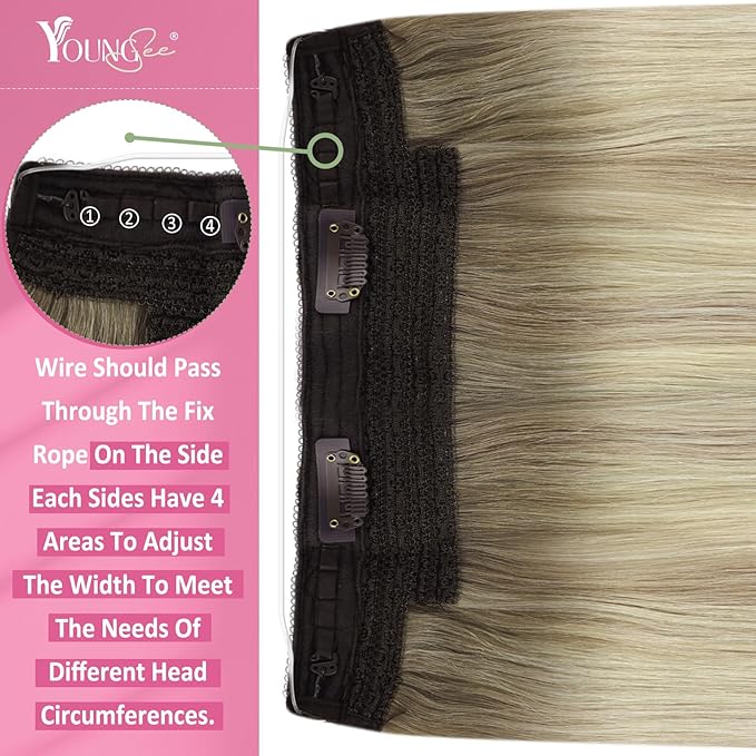 YoungSee Wire Hair Extensions Human Hair Ombre Blonde Wire Hair Extensions for Women Real Human Hair Balayage Ash Blonde Ombre Platinum Blonde Human Hair for Damaged Hair Repair 80G 14Inch