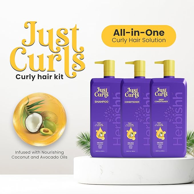 Herbishh Curly Hair Shampoo, Conditioner & Deep Conditioner (3 x 16.91 fl oz) Curly Hair Products Gift Set for Women & Men, Sulfate Free Shampoo, Keratin Coconut Avocado Oil, Frizz Control, Vegan