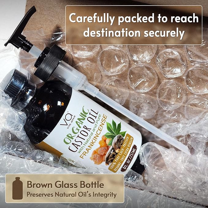 Organic Castor & Frankincense Oil Blend - 100% Pure and Natural, Cold Pressed, Unrefined Glass Bottle Castor and Frankincense Oil For Face & Hair Growth - 8oz