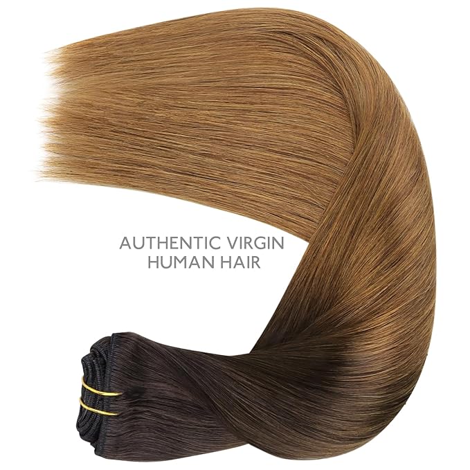 WENNALIFE Clip in Hair Extensions Real Human Hair, 16 Inch 120g 7pcs Human Hair Extensions Clip In Human Hair, Ombre Dark Brown to Light Chestnut Brown Clip In Real Hair Coloured Remy