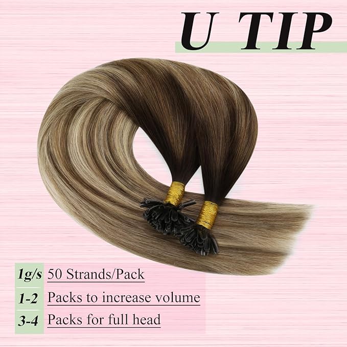 YoungSee Utip Hair Extensions Balayage U Tip Hair Extensions Real Human Hair Ombre Dark Brown to Brown with Blonde Keratin Hair Extensions U Tip Silky U Tips Remy Hair Extensions Straight 16In 50s/50g