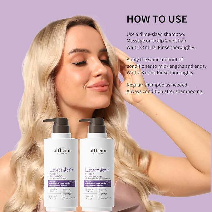 Alfheim Lavender+ Purple Shampoo & Conditioner Set | Anti-Brass & Color-Correcting for Blonde, Platinum & Gray Hair | Hydrating & Nourishing | Enhances Shine & Softness | 18 oz Each