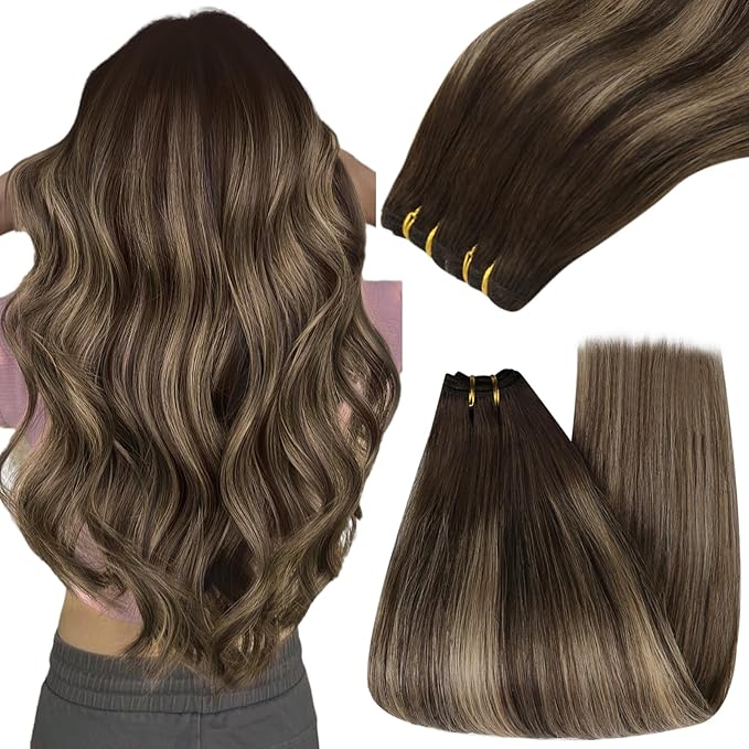 YoungSee Weft Hair Extensions Balayage Sew in Hair Extensions Dark Brown Fading to Caramel Blonde Mix Brown Balayage Silky Smooth Human Hair Weft Extensions for Women 16Inch 100G