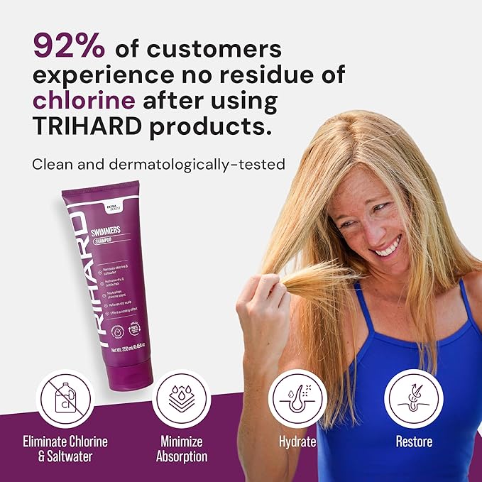 TRIHARD Chlorine Removal Swim Shampoo Travel Size, Cleanse and Hydrate Hair from Pool and Ocean, Post Swim Chlorine and Hard Water Hair Protection Travel Essentials (Pack of 25)